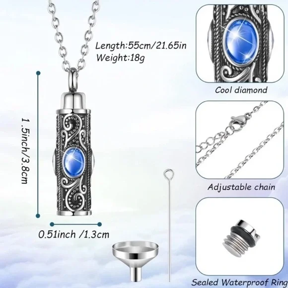 Stainless Steel Cremation Urn Necklace For Ashes With Purple Stone And Funnel - Picture 3 of 5